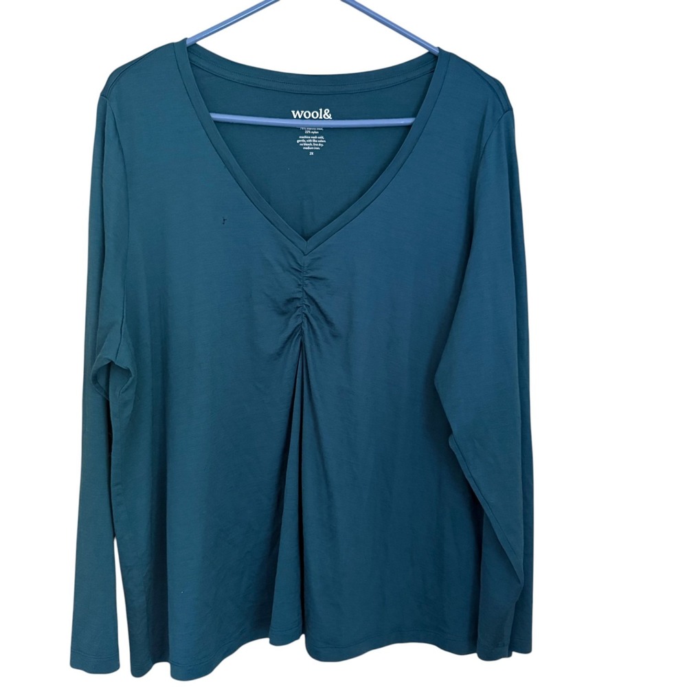 Wool& Merino Top Sz 2X Blue Ruched V-Neck Base Layer Minimalist Outdoor Granola
